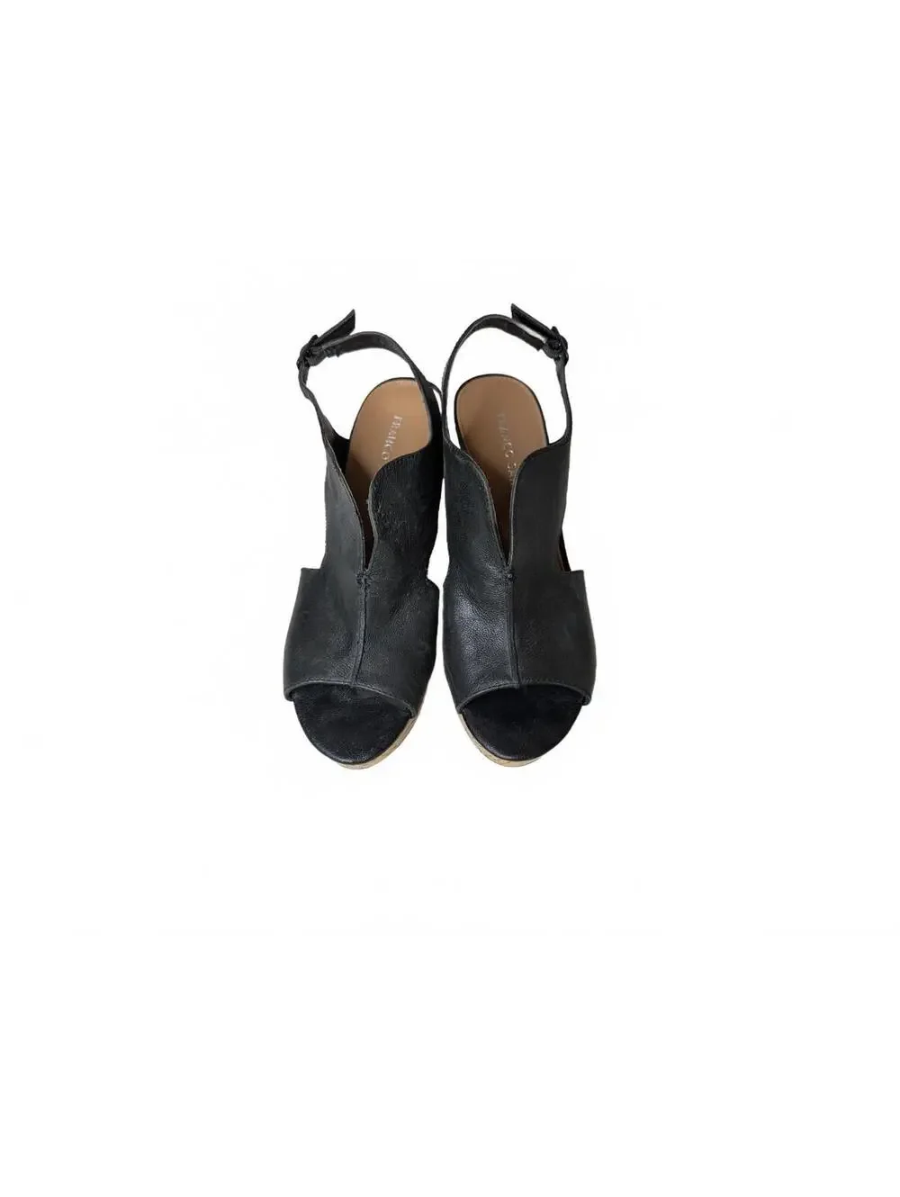 Franco Sarto Black Leather Peep-Toe Platform Wedge Sandals with Cork Heel 9.5